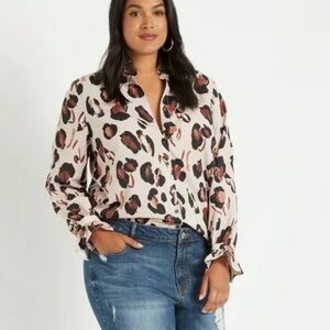 ELOQUII Womens 22 Leopard Panthera Animal Print Ruffle Collar Chiffon Blouse Top